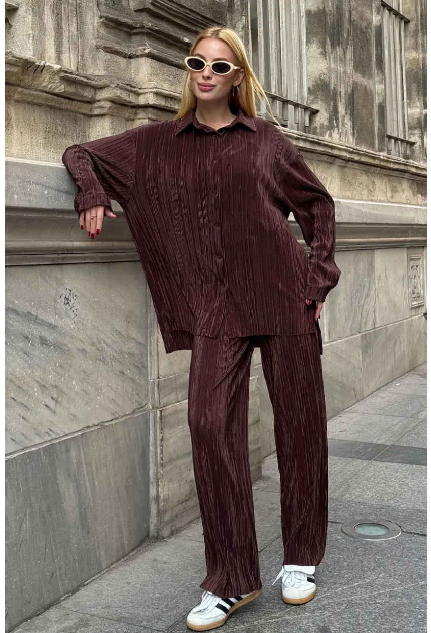 Gömlek ve Palazzo Pantolon Dokuma Alt Üst Takım Kahverengi