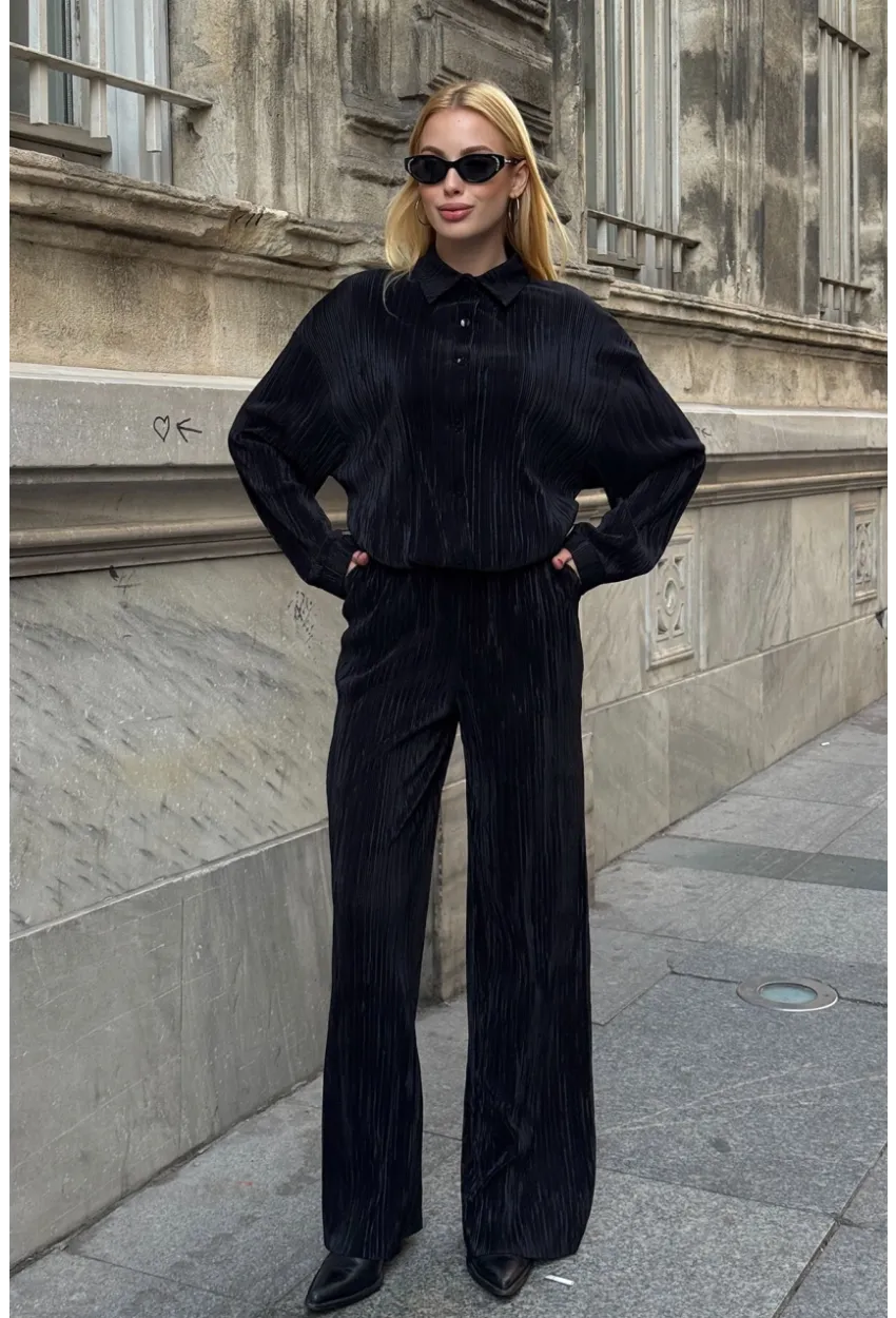 Gömlek ve Palazzo Pantolon Dokuma Alt Üst Takım Siyah