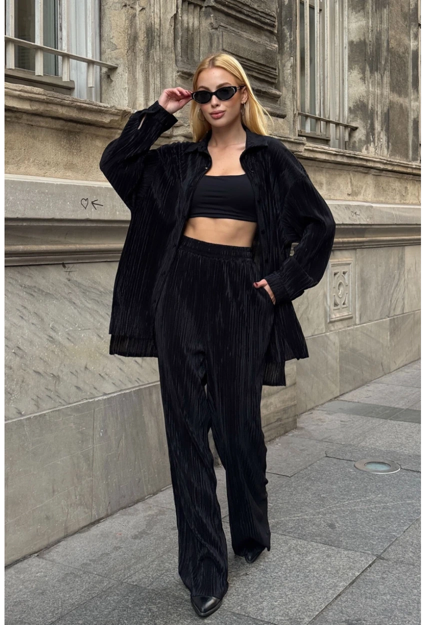 Gömlek ve Palazzo Pantolon Dokuma Alt Üst Takım Siyah