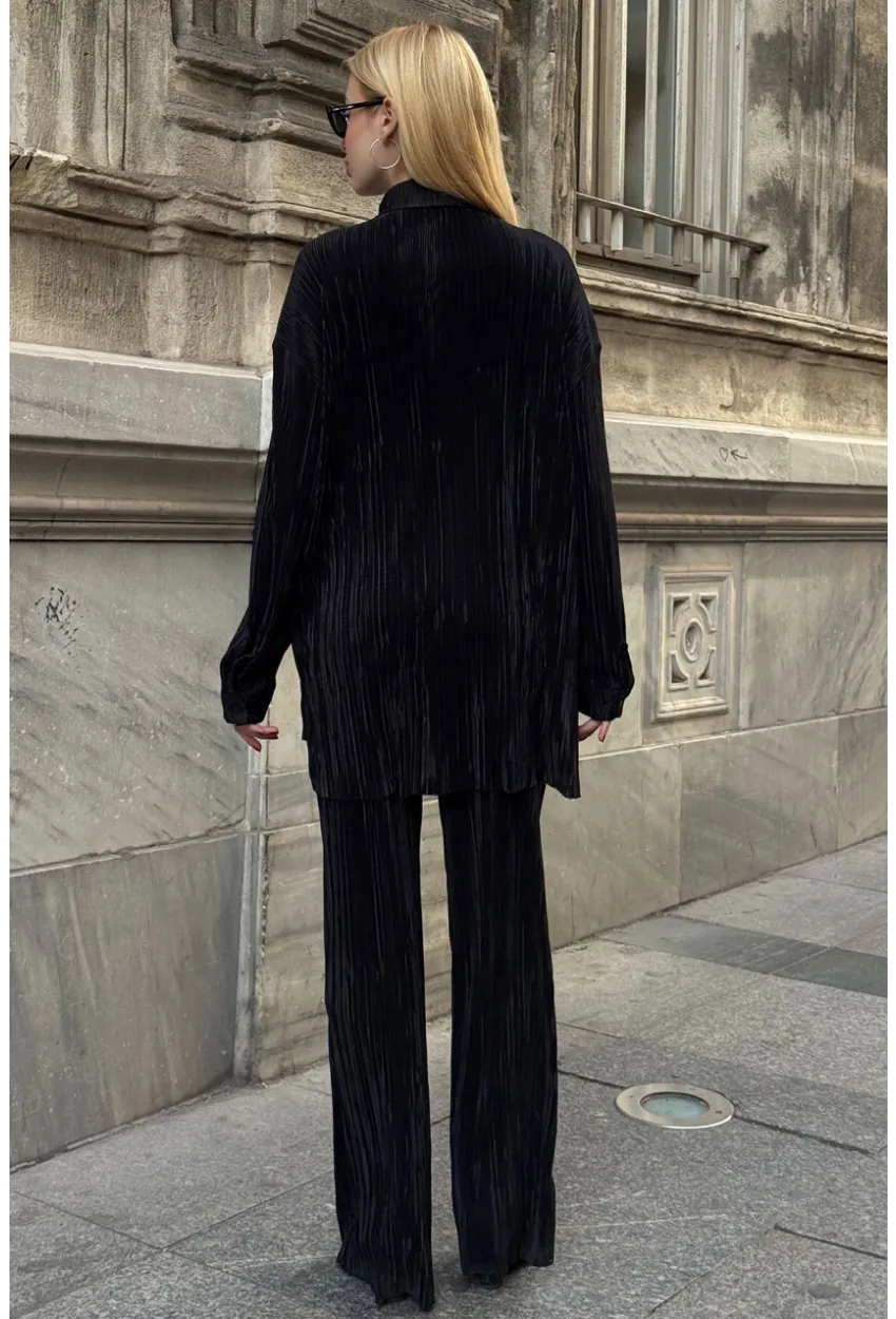 Gömlek ve Palazzo Pantolon Dokuma Alt Üst Takım Siyah