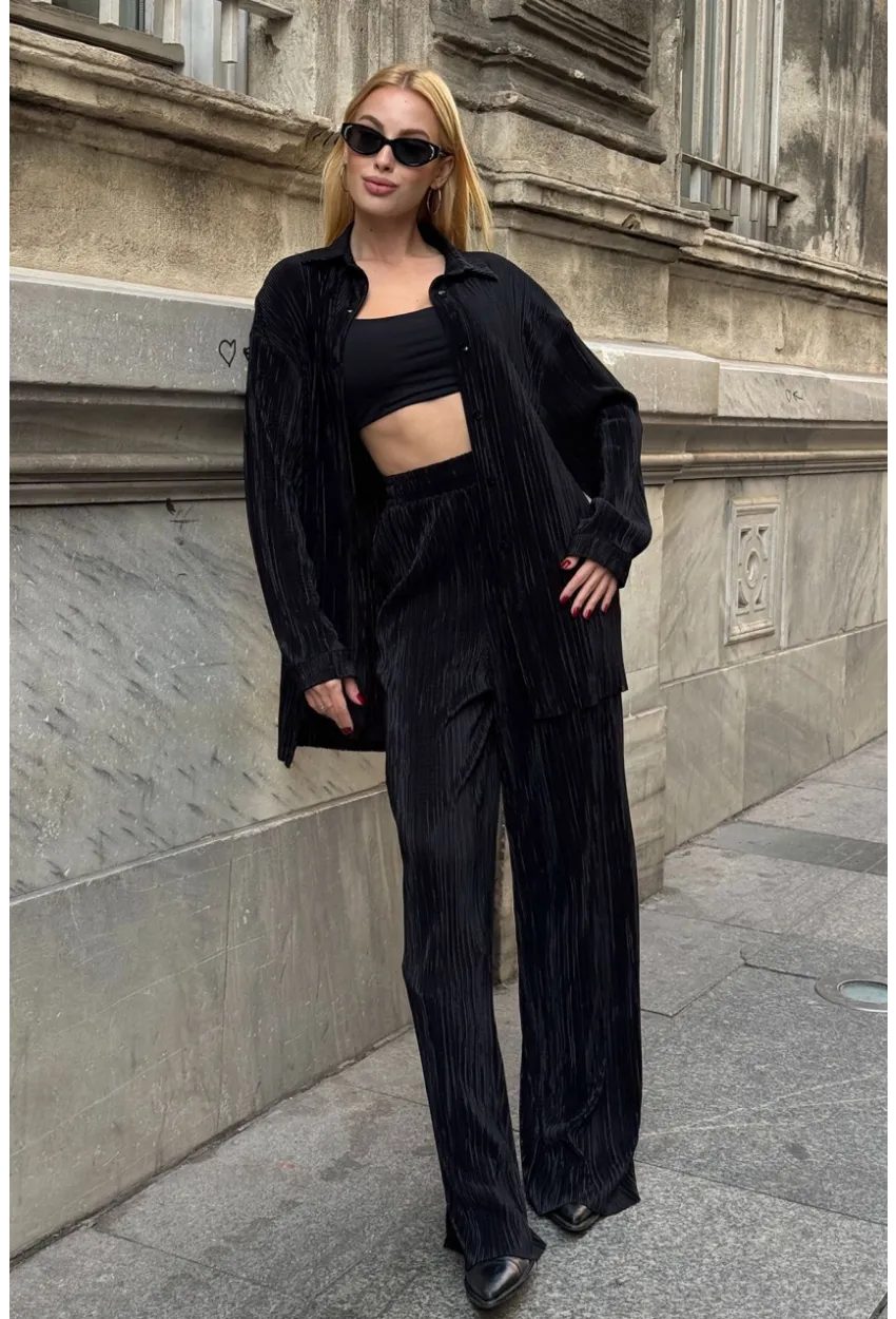 Gömlek ve Palazzo Pantolon Dokuma Alt Üst Takım Siyah