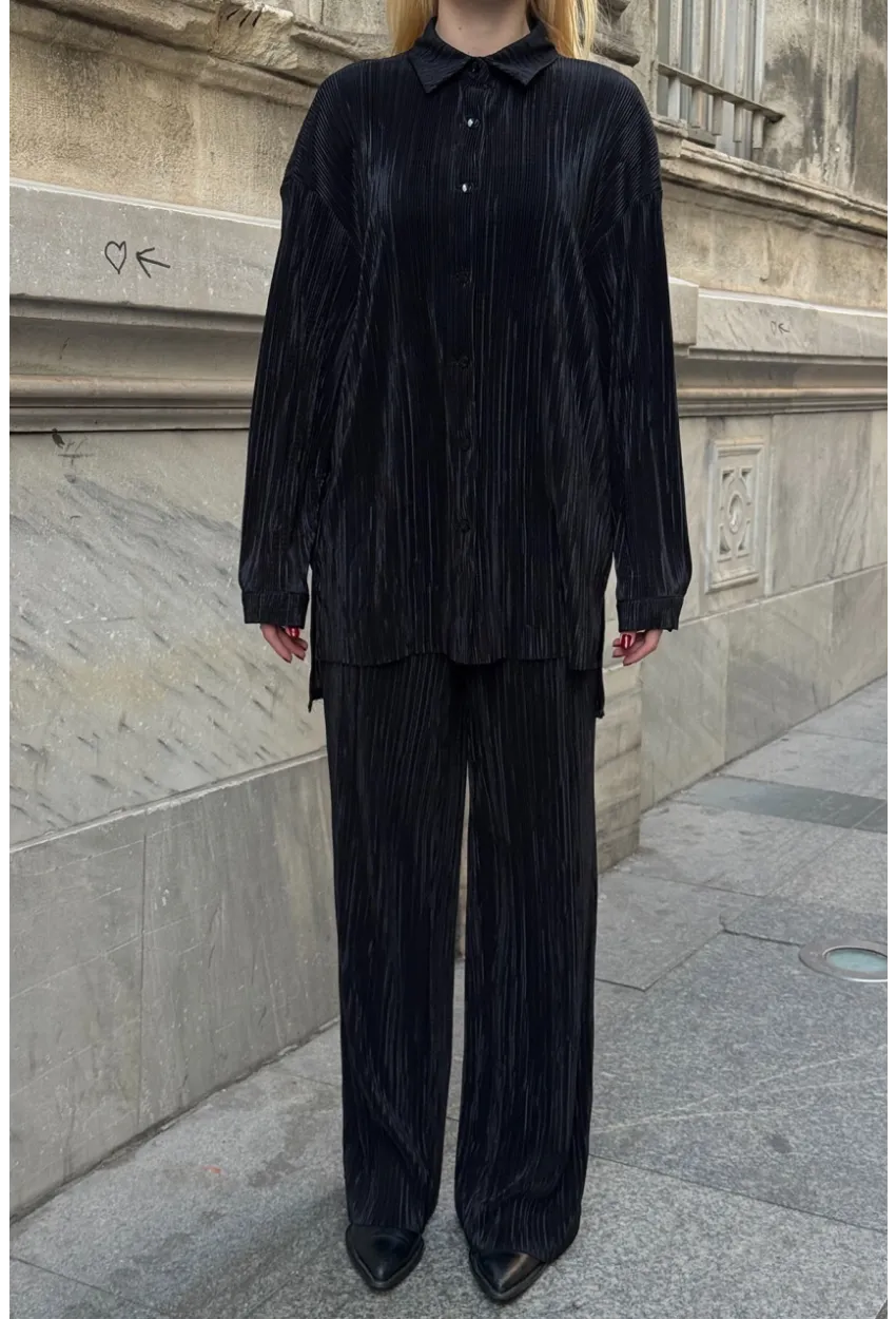 Gömlek ve Palazzo Pantolon Dokuma Alt Üst Takım Siyah