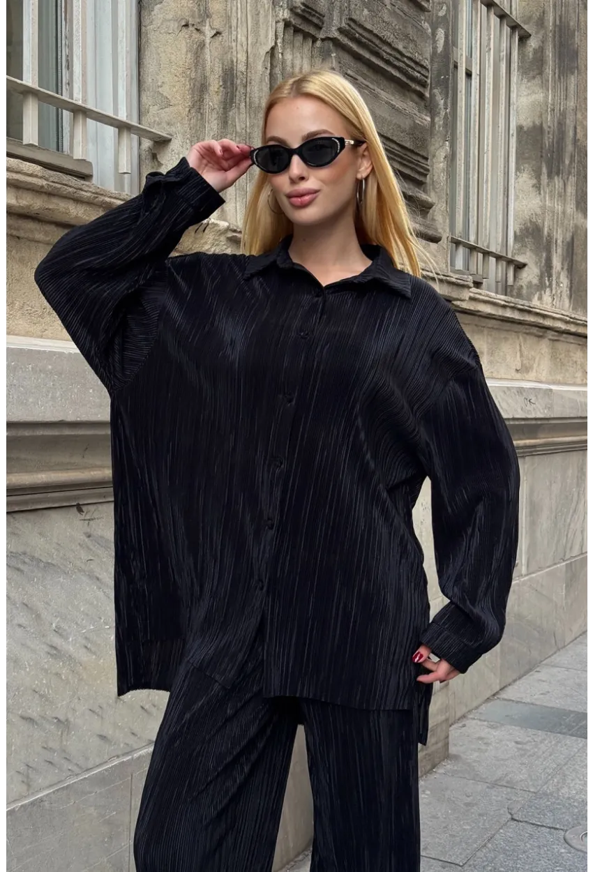 Gömlek ve Palazzo Pantolon Dokuma Alt Üst Takım Siyah