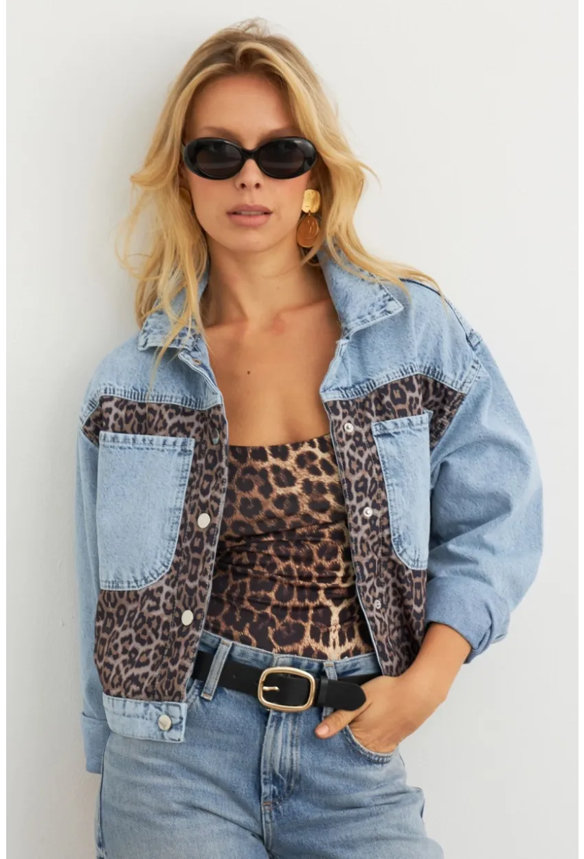 Kadın Açık-Mavi Bloklu Leopar Denim Ceket KAM300