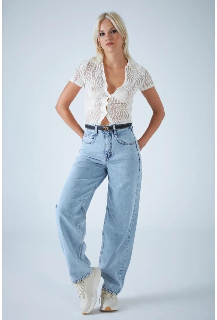 Kadın Açık Mavi Yüksek Bel Baggy Jean TSS388