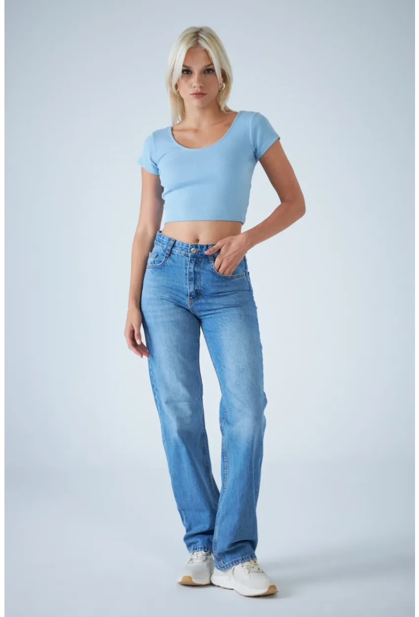 Kadın Açık Mavi Yüksel Bel Düz Kesim Jean TSS488