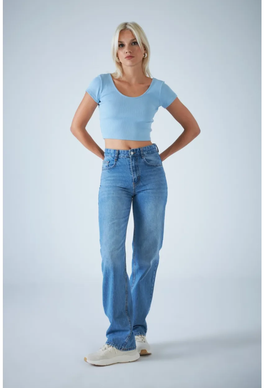 Kadın Açık Mavi Yüksel Bel Düz Kesim Jean TSS488