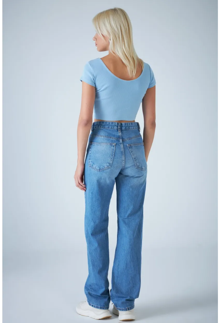 Kadın Açık Mavi Yüksel Bel Düz Kesim Jean TSS488
