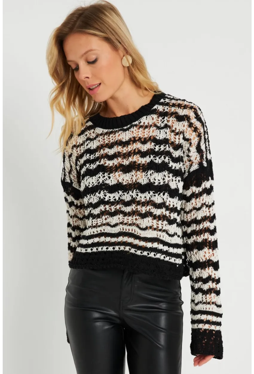 Kadın Ajurlu Triko Bluz Beyaz-Siyah YZ619