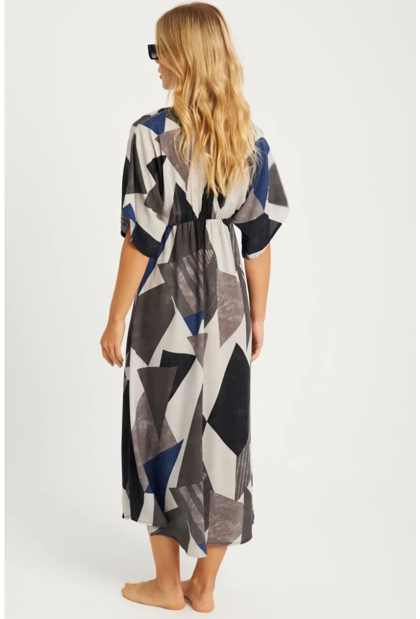 Kadın Antrasit Desenli Kruvaze Midi Elbise HT108