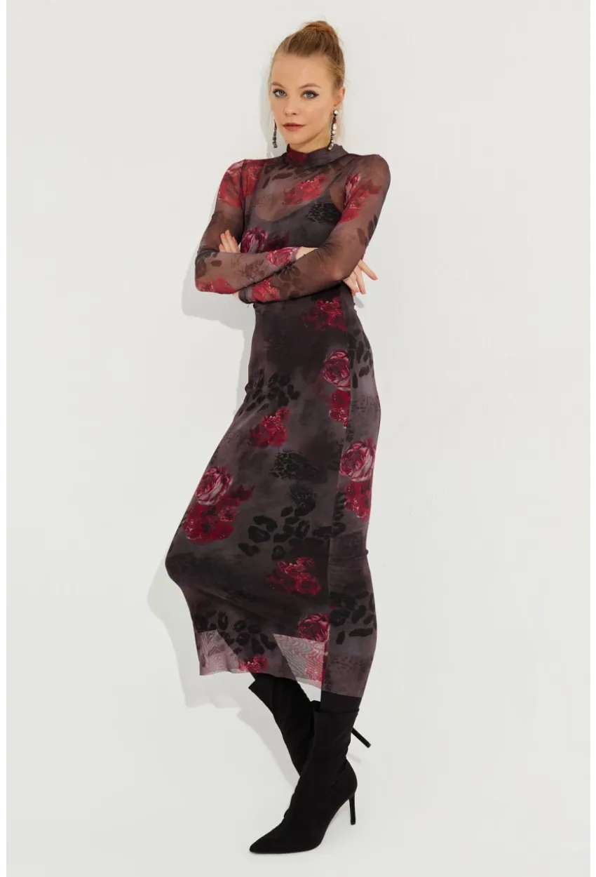 Kadın Antrasit Desenli Midi Tül Elbise YEL221355