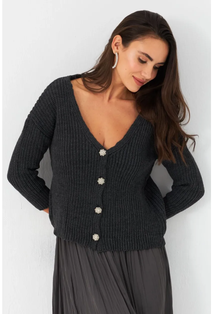 Kadın Antrasit Düğme Detaylı Hırka KAZ30