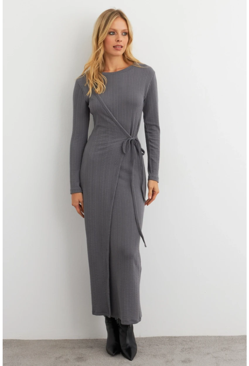 Kadın Antrasit Kruvaze Maxi Elbise COL31