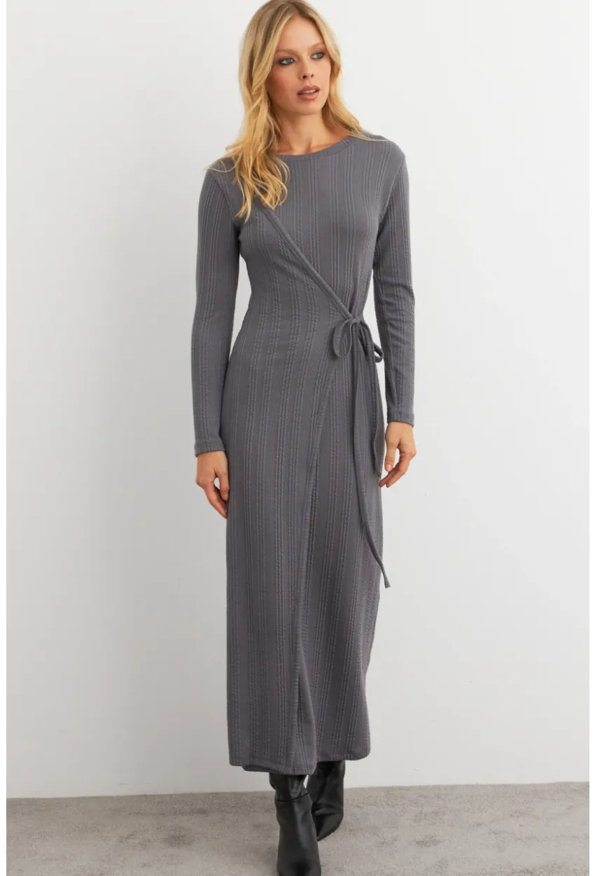 Kadın Antrasit Kruvaze Maxi Elbise COL31
