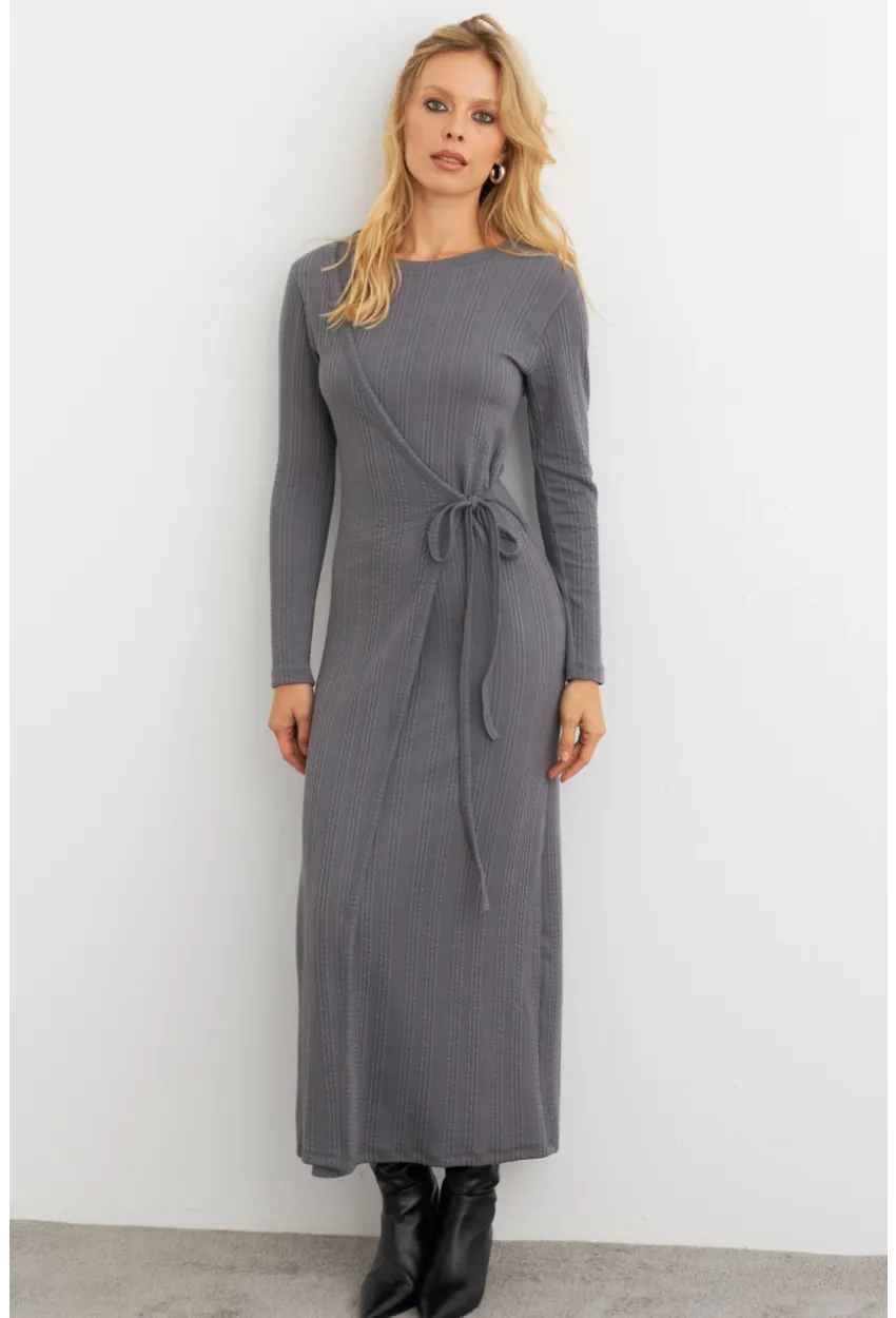 Kadın Antrasit Kruvaze Maxi Elbise COL31