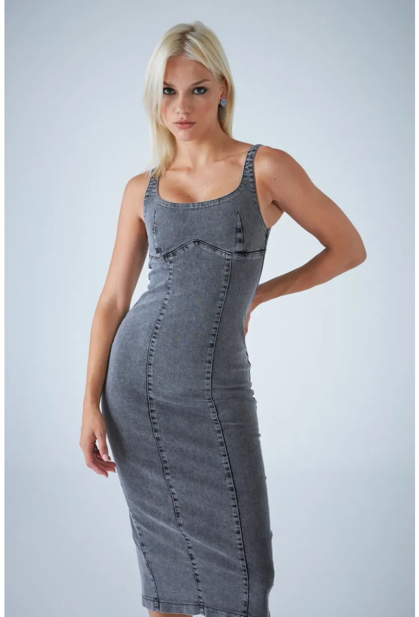 Kadın Antrasit Sırt Fermuarlı Midi Elbise TSS104