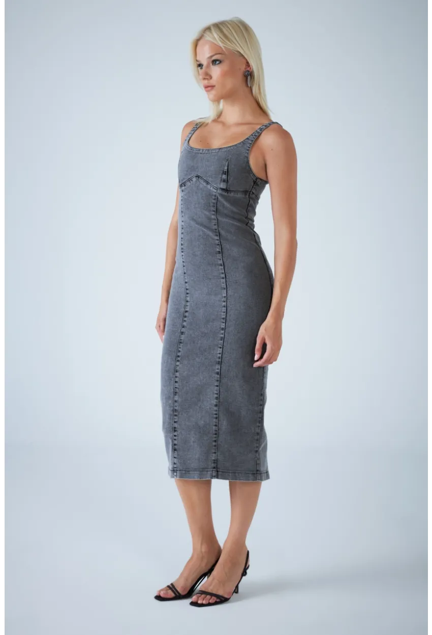 Kadın Antrasit Sırt Fermuarlı Midi Elbise TSS104