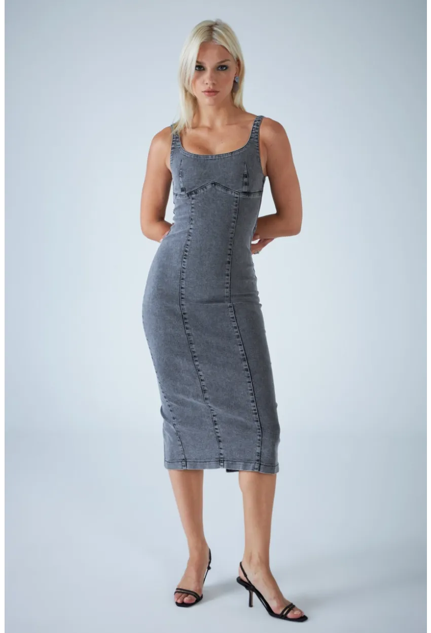 Kadın Antrasit Sırt Fermuarlı Midi Elbise TSS104