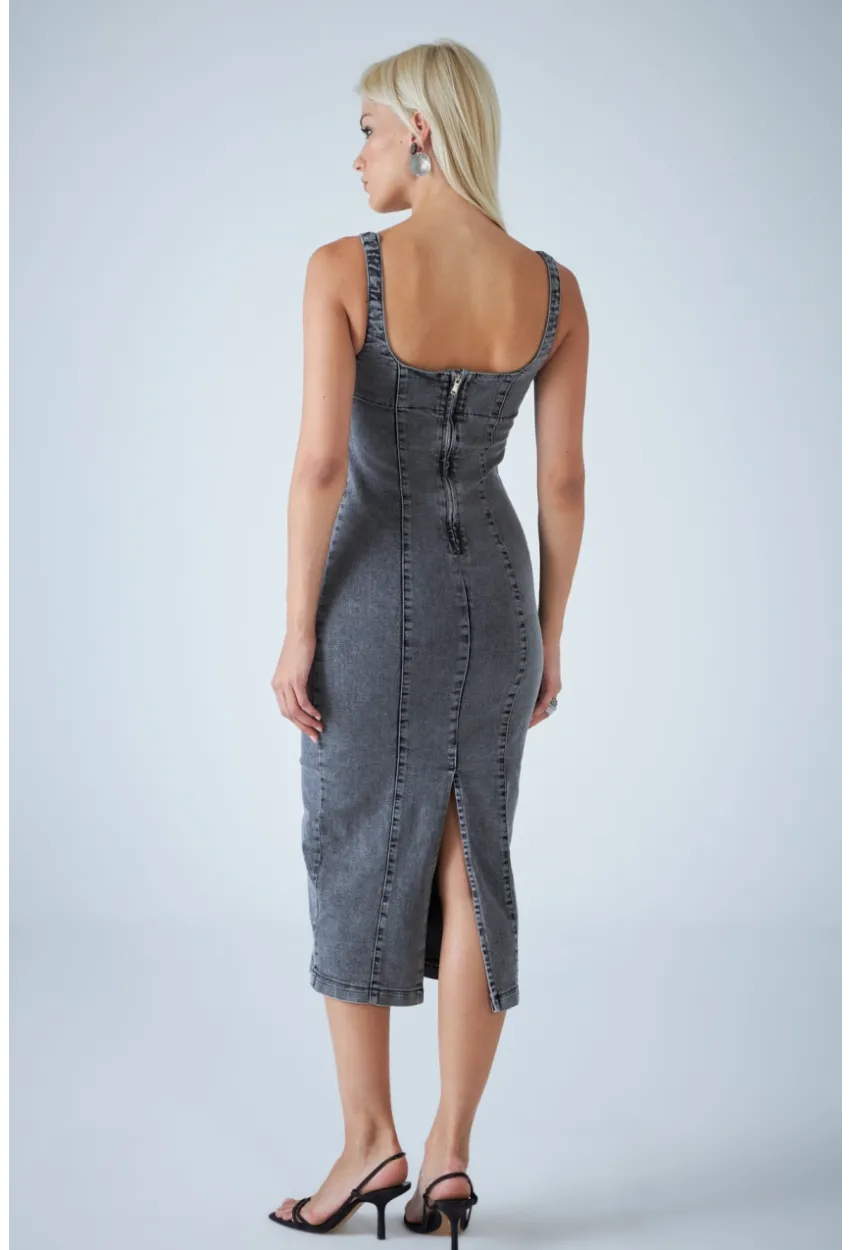 Kadın Antrasit Sırt Fermuarlı Midi Elbise TSS104
