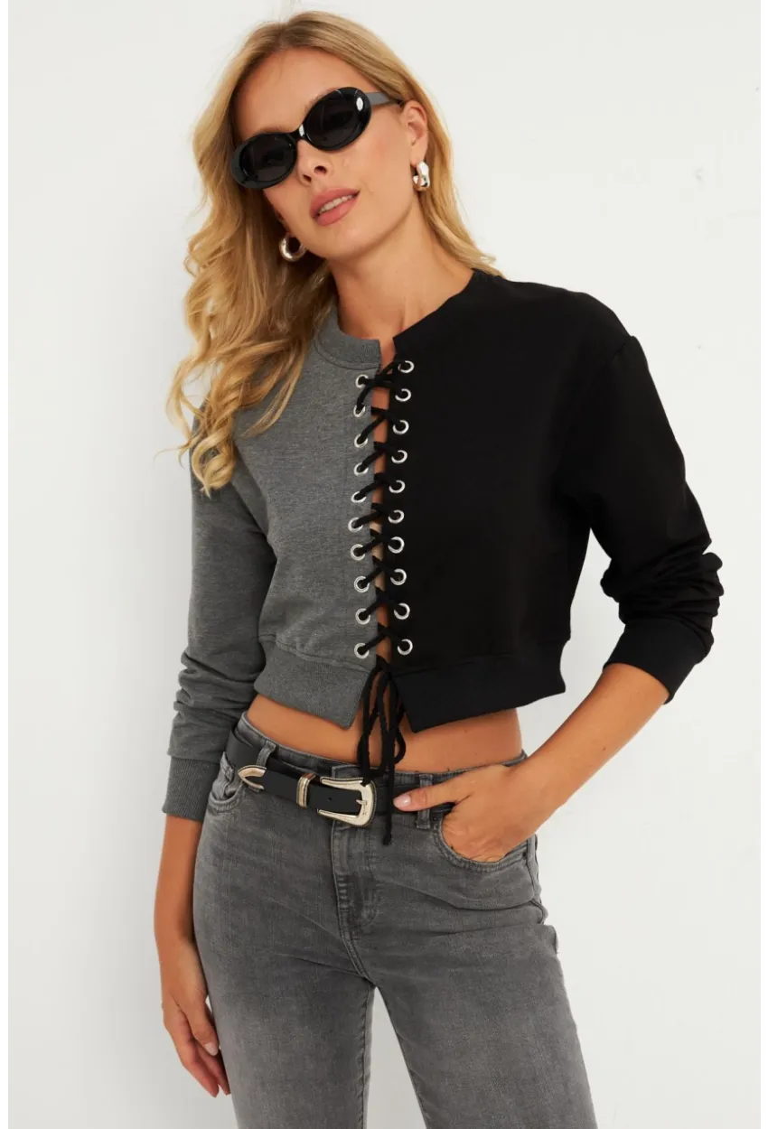 Kadın Antrasit-Siyah Kuşgözlü Kısa Sweatshirt TF02