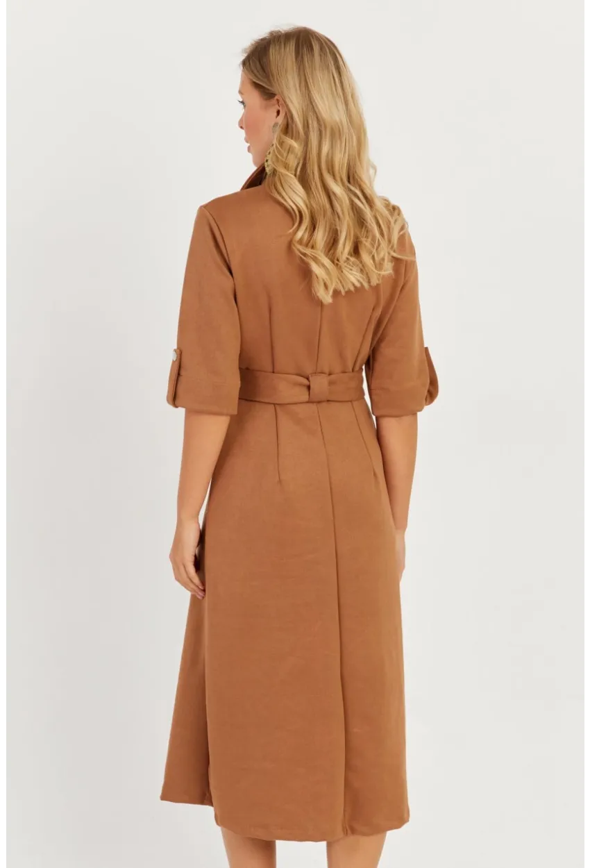 Kadın Badem Nubuk Midi Gömlek Elbise KED4023
