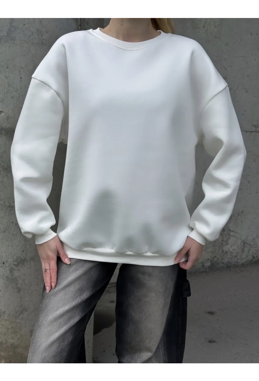 Kadın Basic Ekru Oversize Sweatshirt