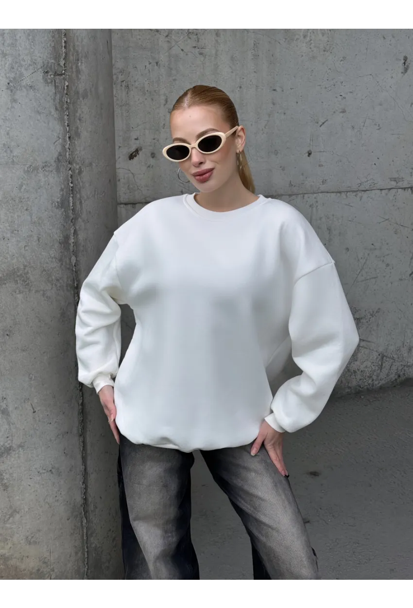 Kadın Basic Ekru Oversize Sweatshirt