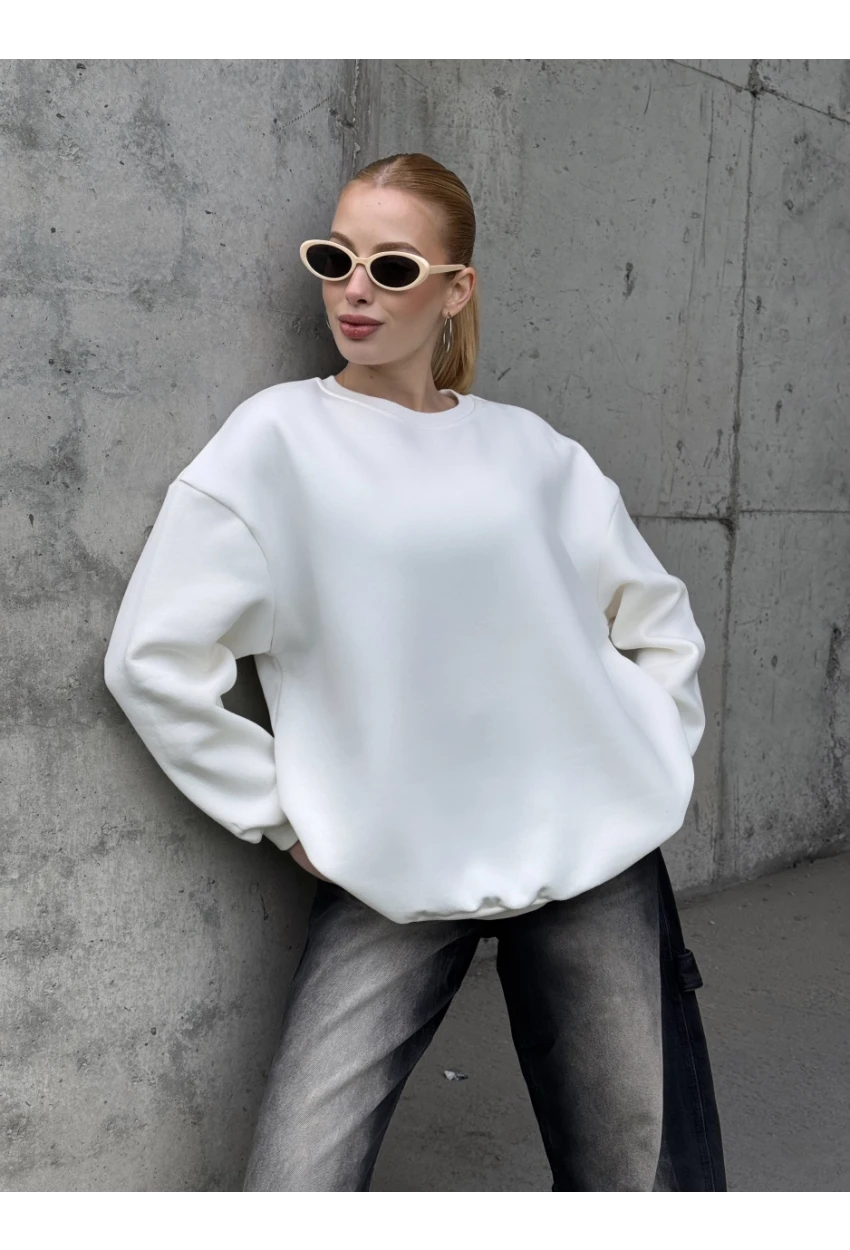 Kadın Basic Ekru Oversize Sweatshirt