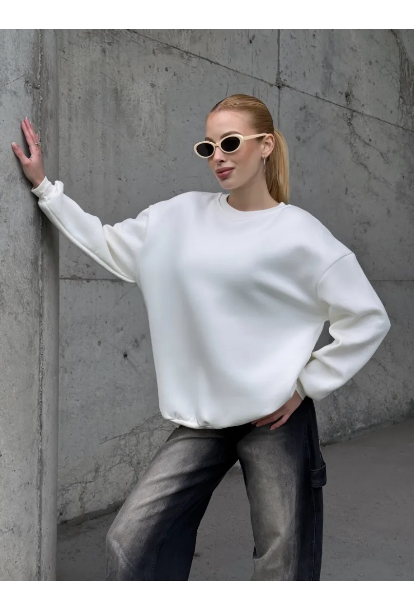 Kadın Basic Ekru Oversize Sweatshirt