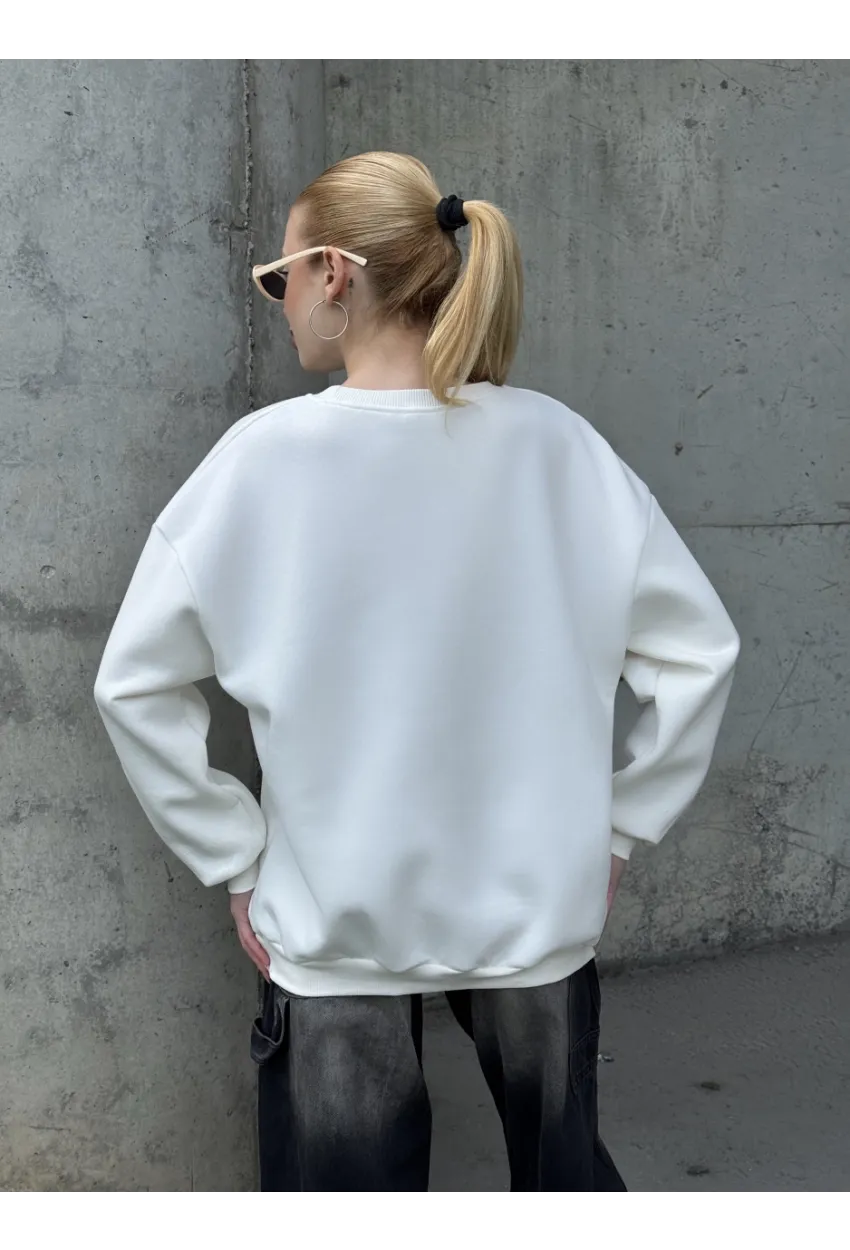 Kadın Basic Ekru Oversize Sweatshirt
