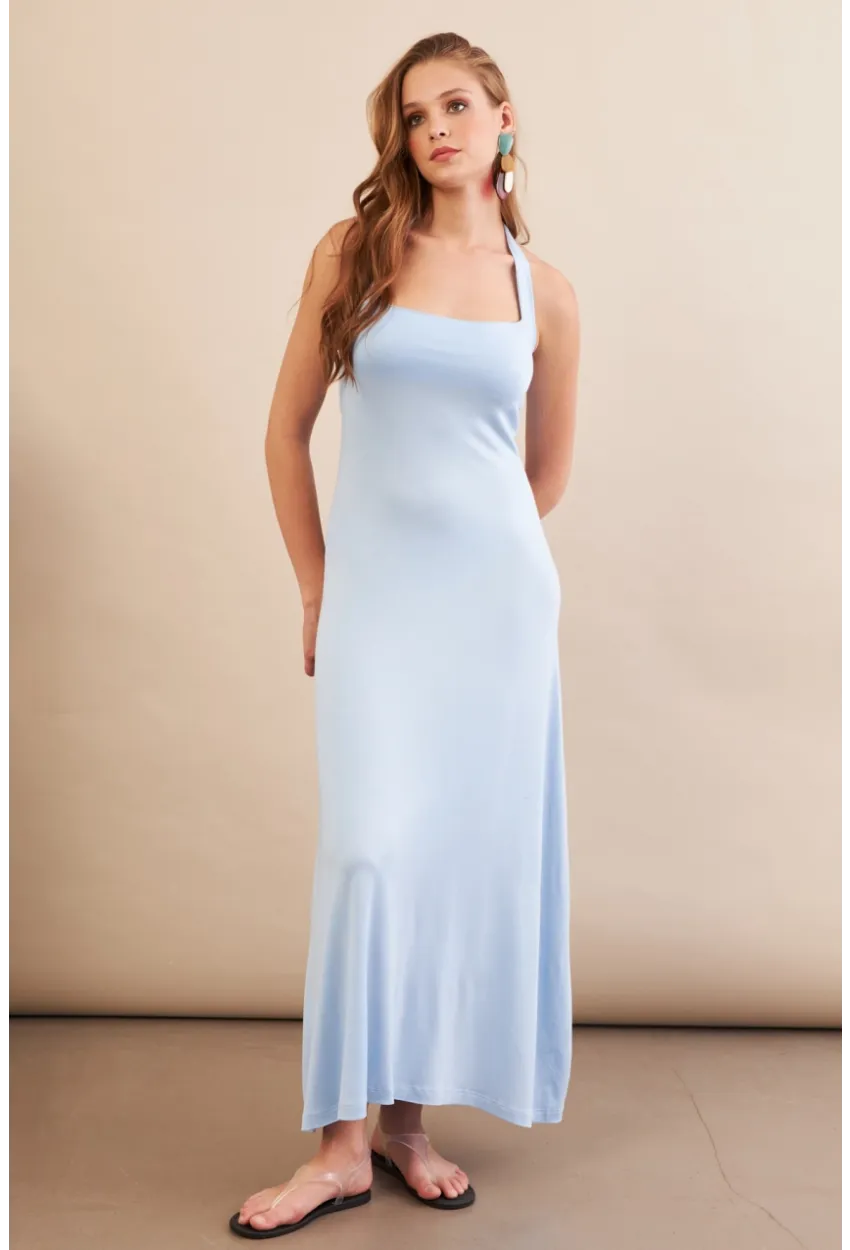 Kadın Bebe Mavi Boyun Bağlamalı Halter Midaxi Elbise EY3113