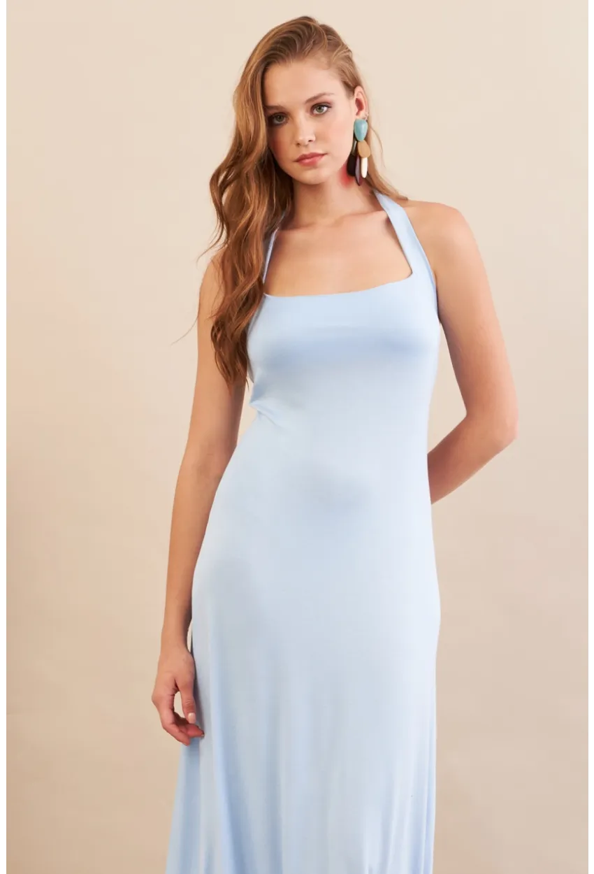Kadın Bebe Mavi Boyun Bağlamalı Halter Midaxi Elbise EY3113