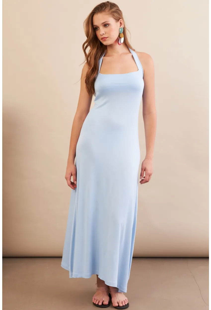 Kadın Bebe Mavi Boyun Bağlamalı Halter Midaxi Elbise EY3113