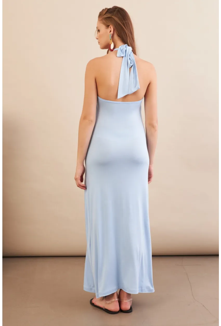 Kadın Bebe Mavi Boyun Bağlamalı Halter Midaxi Elbise EY3113