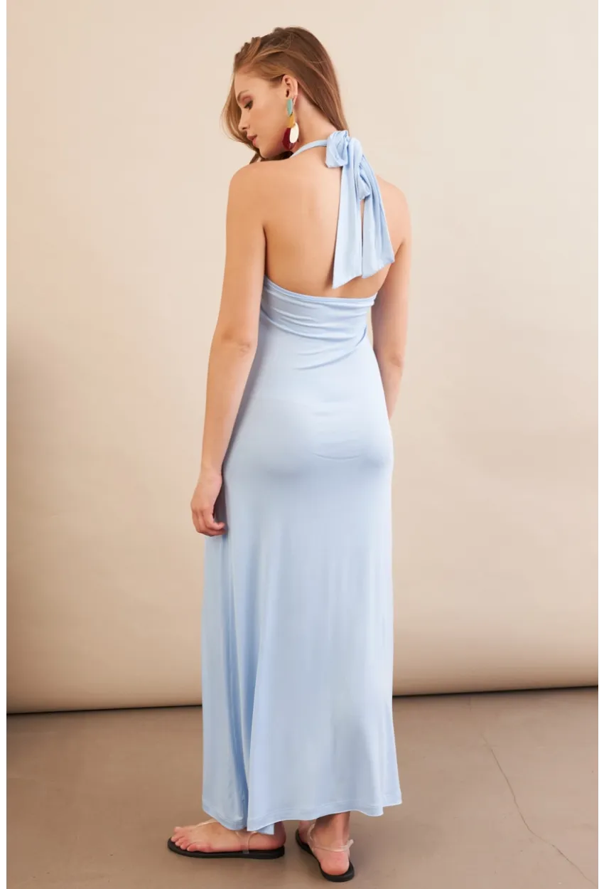 Kadın Bebe Mavi Boyun Bağlamalı Halter Midaxi Elbise EY3113