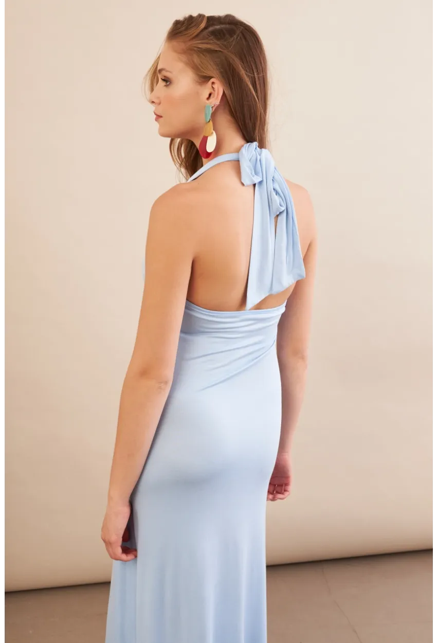 Kadın Bebe Mavi Boyun Bağlamalı Halter Midaxi Elbise EY3113