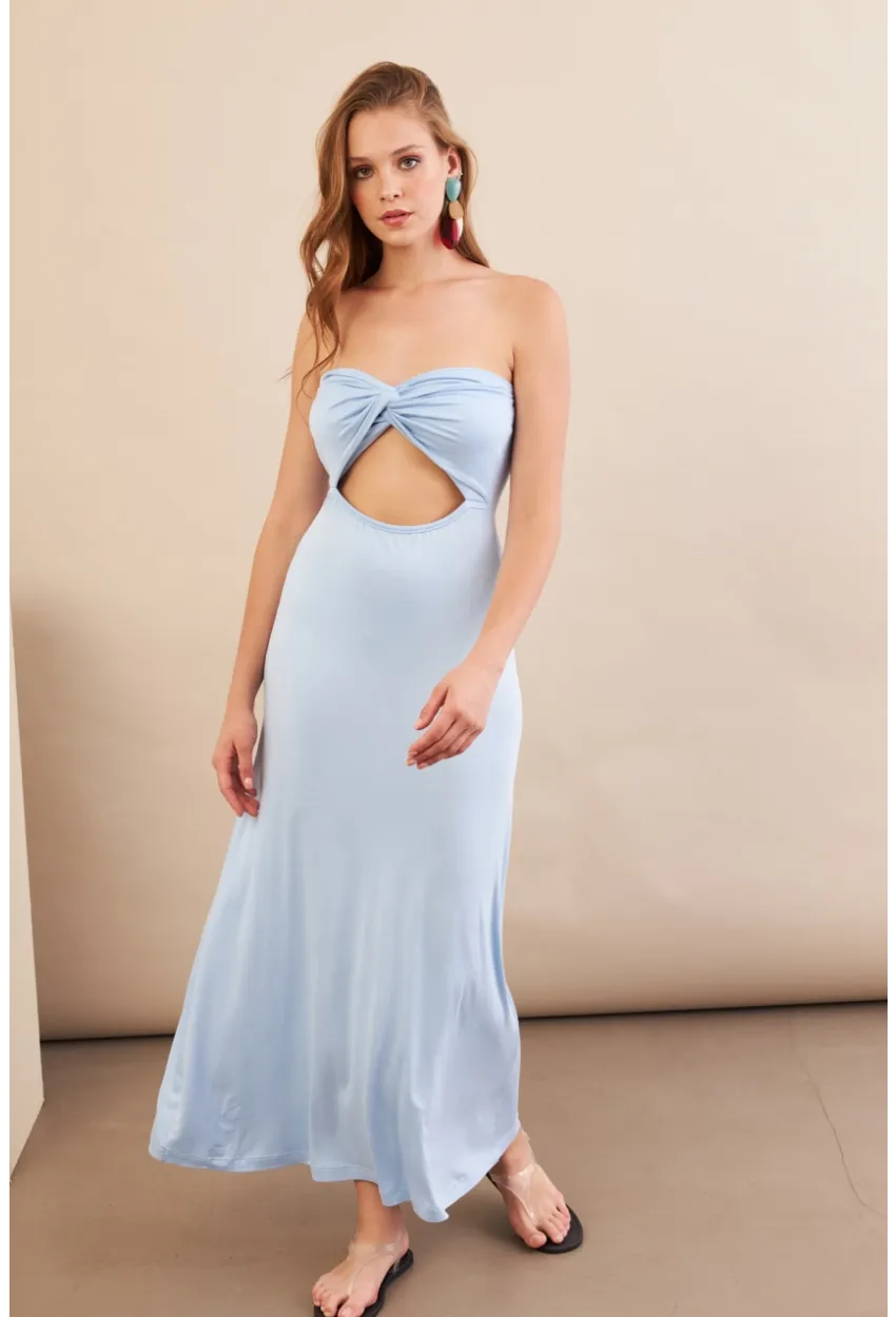Kadın Bebe Mavi Düğümlü Pencereli Straplez Midi Elbise EY3109