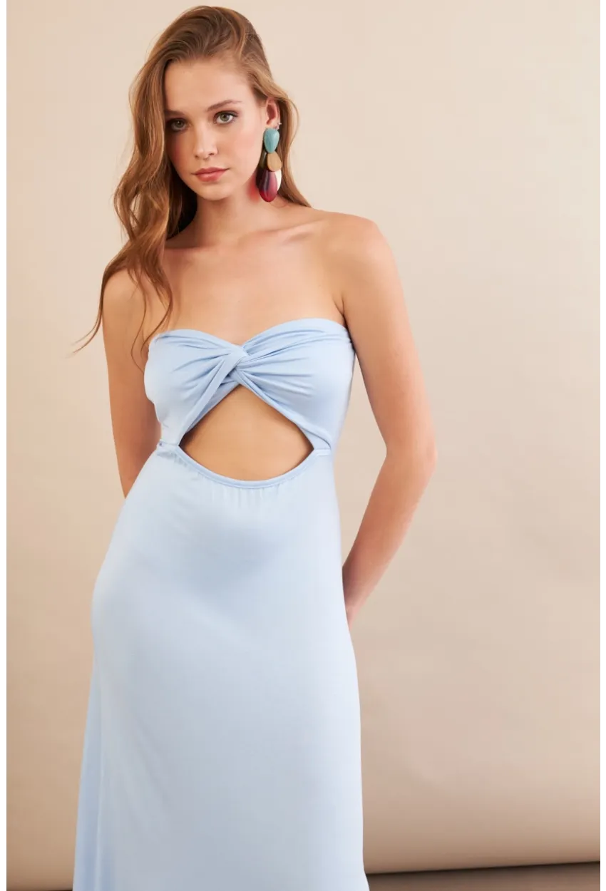 Kadın Bebe Mavi Düğümlü Pencereli Straplez Midi Elbise EY3109