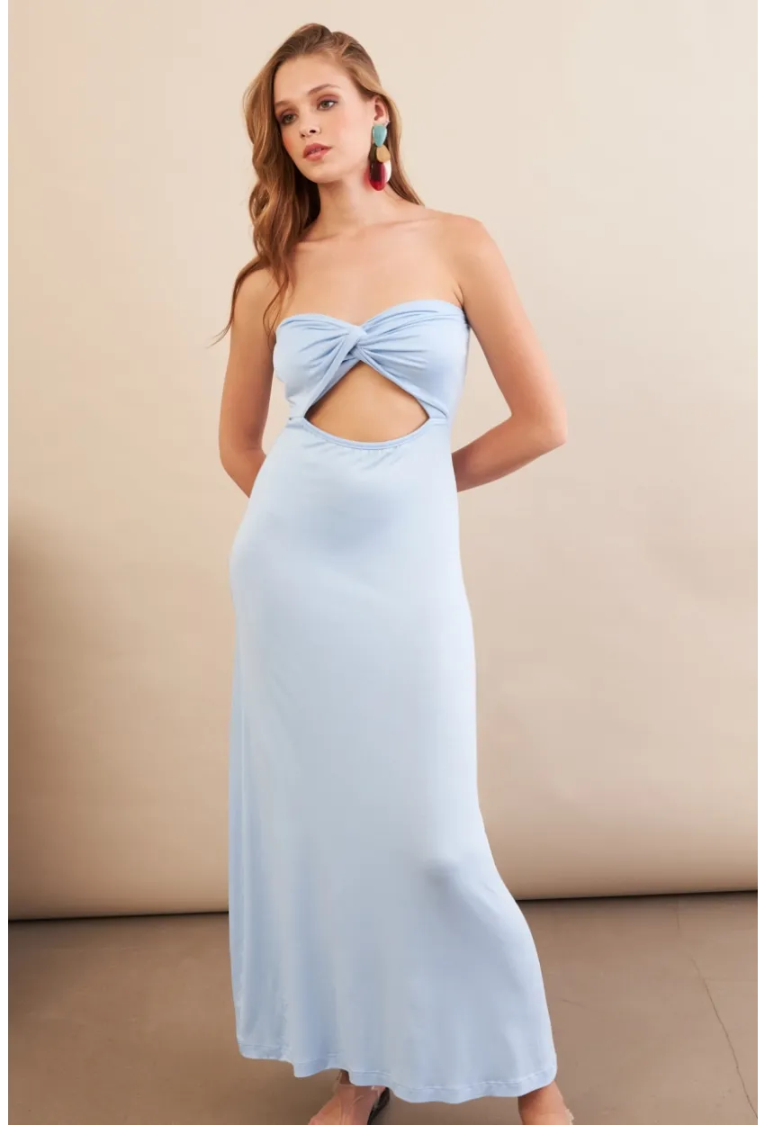 Kadın Bebe Mavi Düğümlü Pencereli Straplez Midi Elbise EY3109