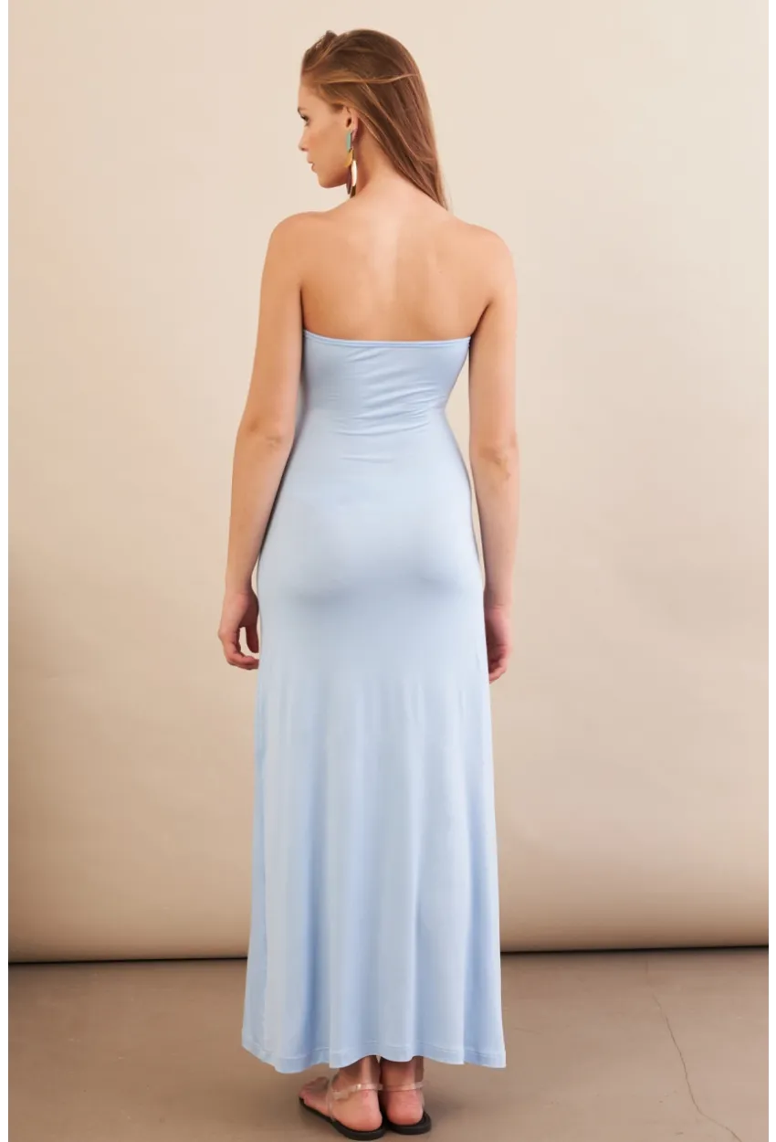 Kadın Bebe Mavi Düğümlü Pencereli Straplez Midi Elbise EY3109