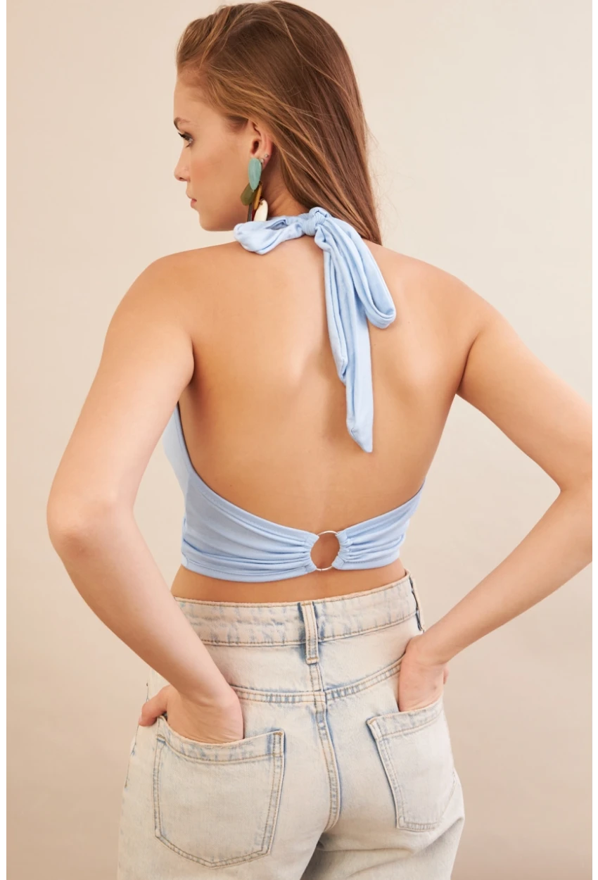 Kadın Bebe Mavi Sırt Detaylı Pencereli Crop Bluz EY3108