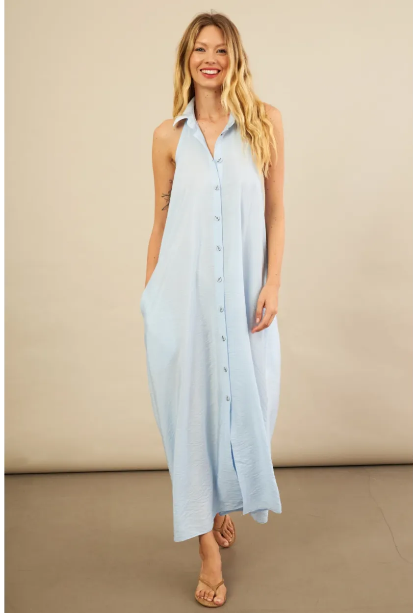 Kadın Bebe Mavi Sırtı Açık Maxi Gömlek Elbise ELN3132