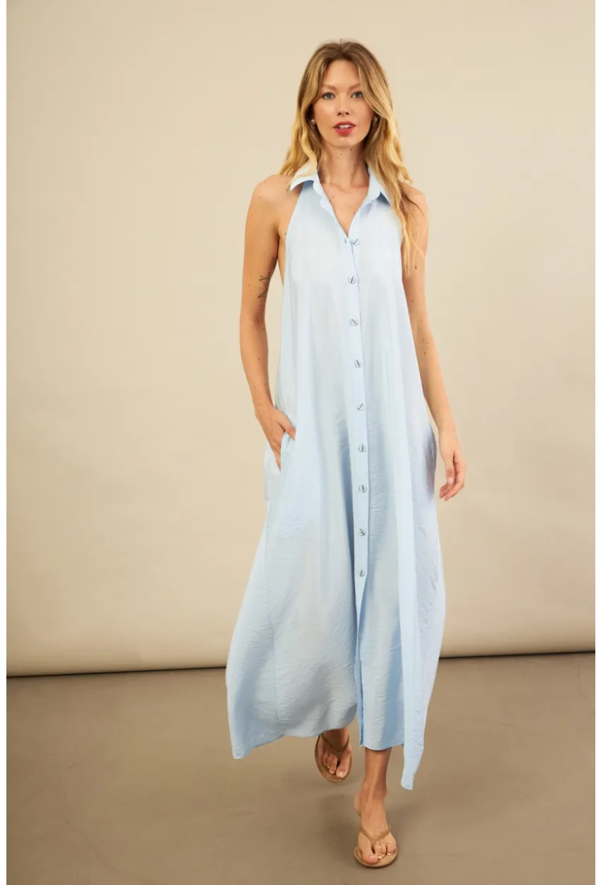 Kadın Bebe Mavi Sırtı Açık Maxi Gömlek Elbise ELN3132