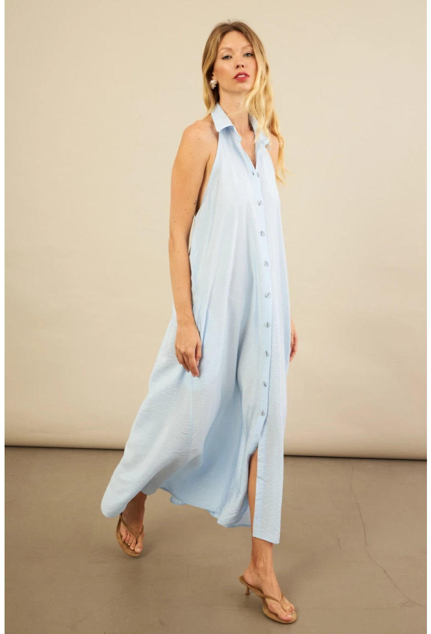 Kadın Bebe Mavi Sırtı Açık Maxi Gömlek Elbise ELN3132
