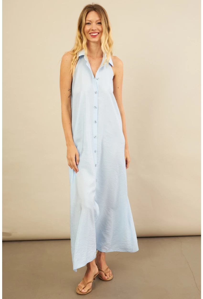 Kadın Bebe Mavi Sırtı Açık Maxi Gömlek Elbise ELN3132