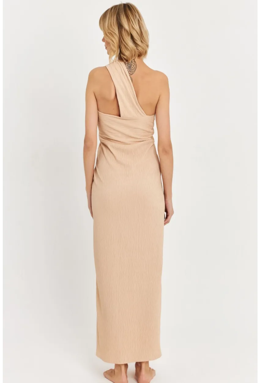 Kadın Bej Asimetrik Yaka Maxi Elbise NH25455