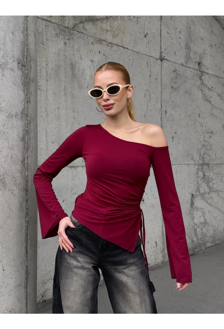 Kadın Bel Detay Kayık Yaka Uzun Kol Bordo Bluz