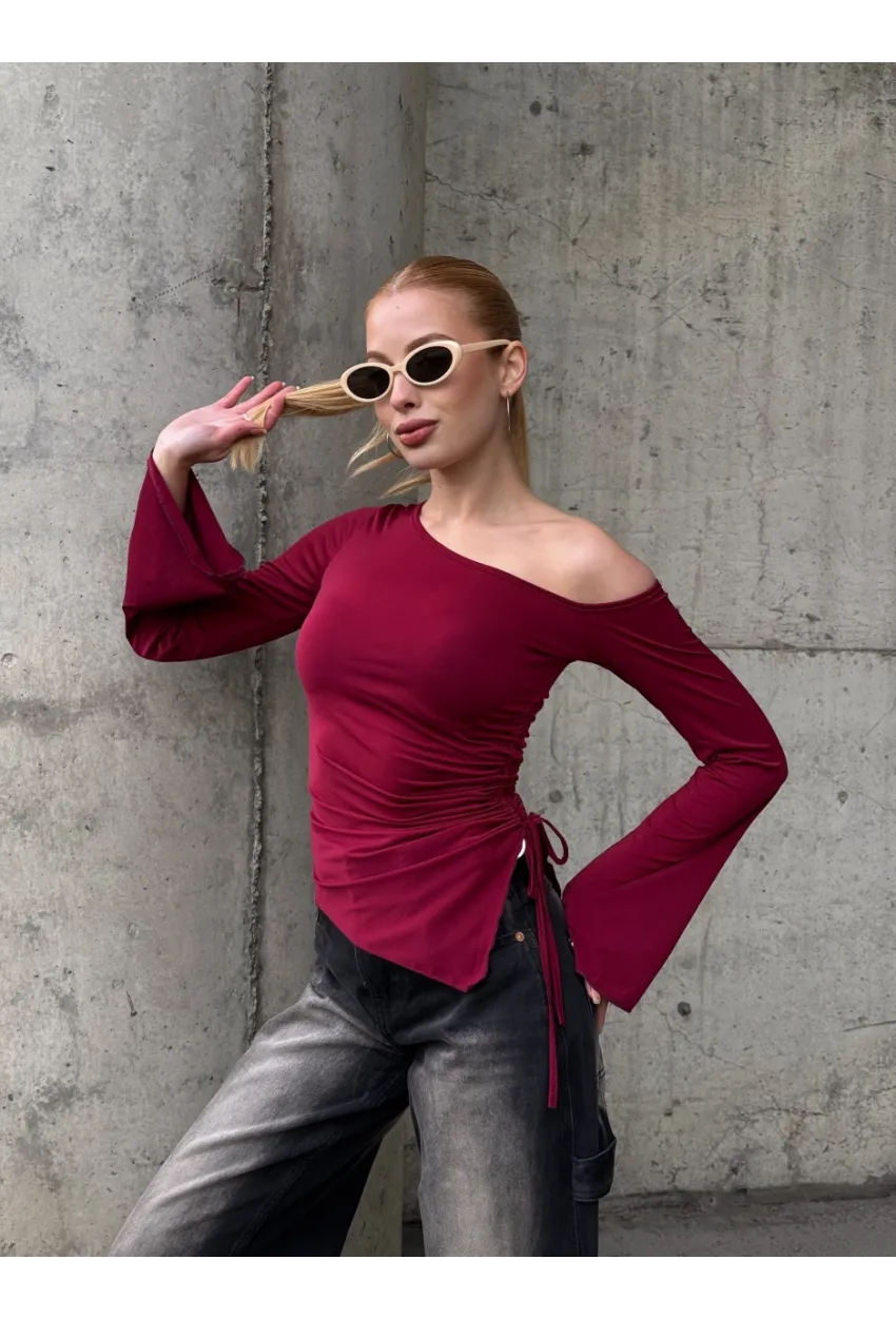 Kadın Bel Detay Kayık Yaka Uzun Kol Bordo Bluz