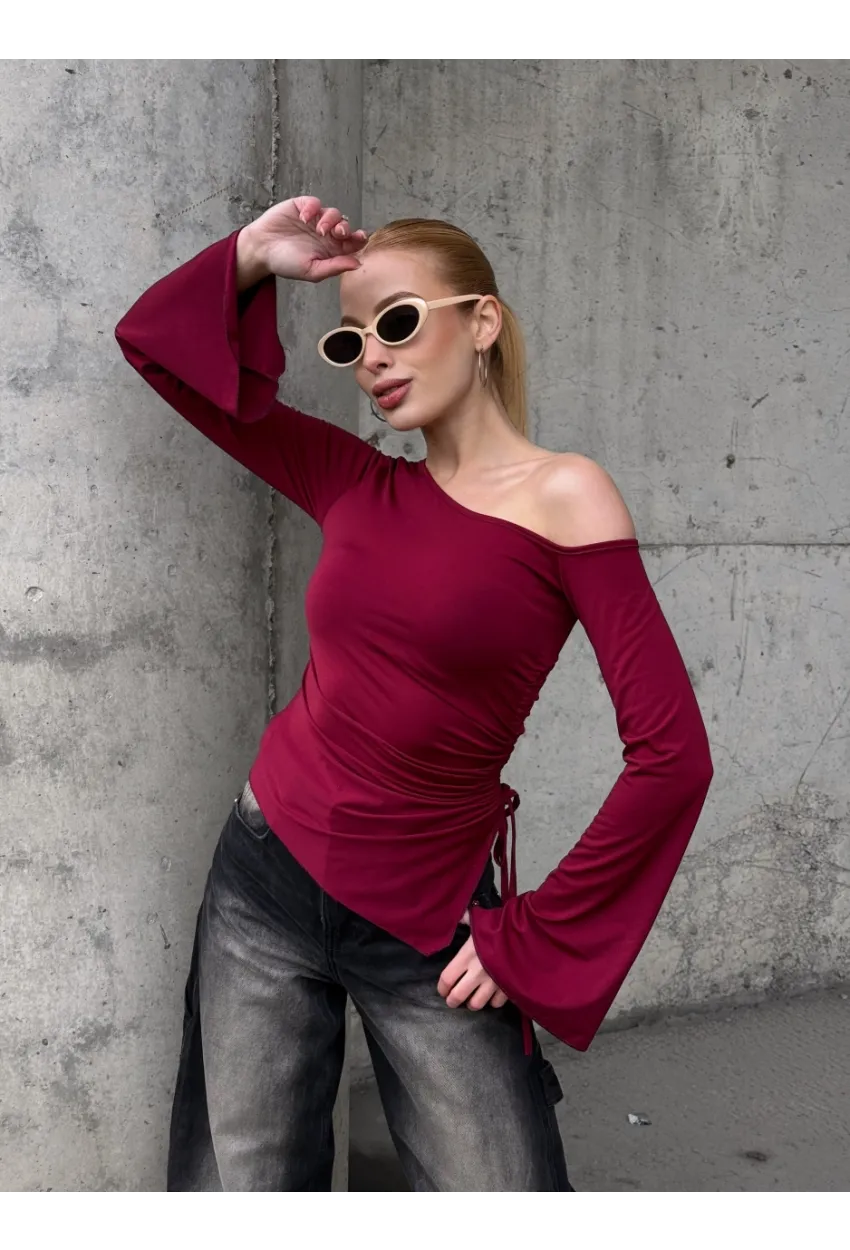 Kadın Bel Detay Kayık Yaka Uzun Kol Bordo Bluz