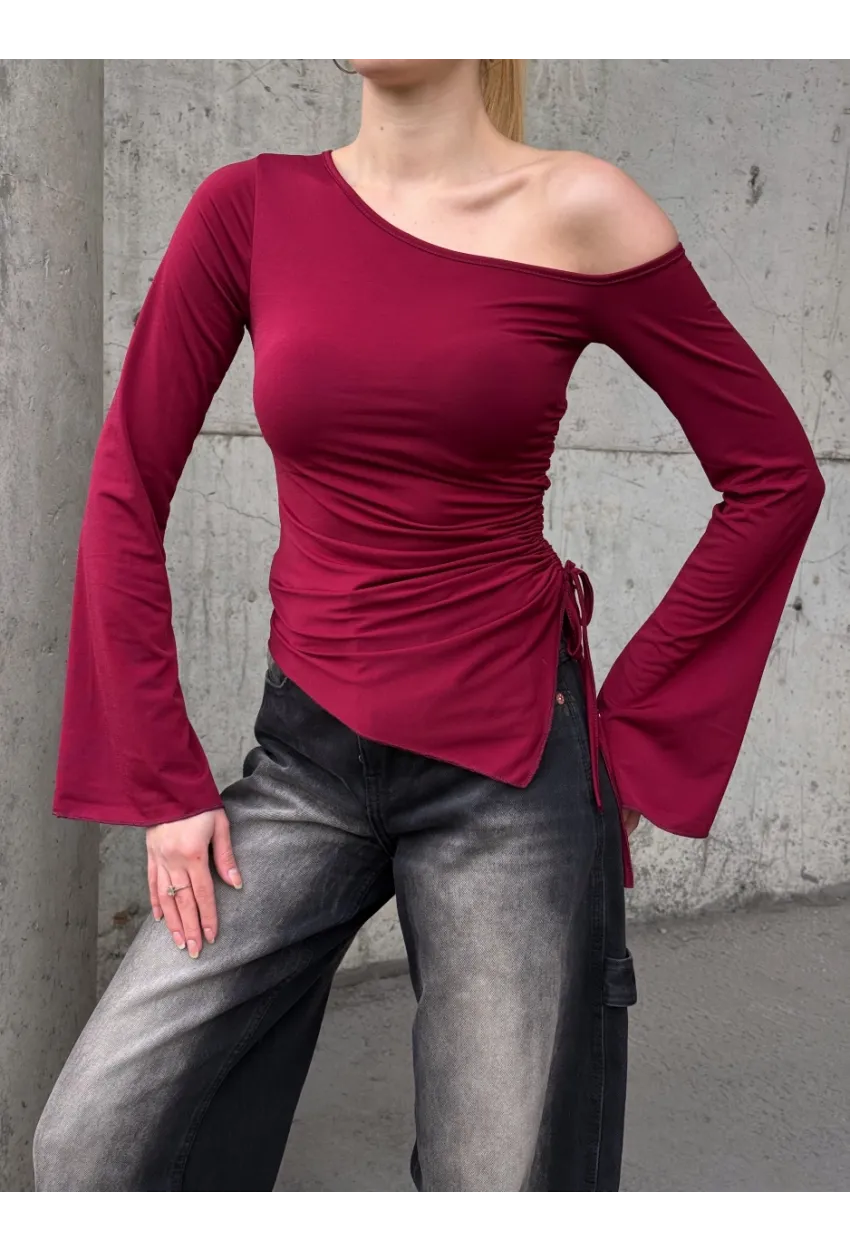 Kadın Bel Detay Kayık Yaka Uzun Kol Bordo Bluz